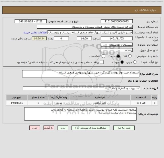 استعلام استعلام خرید انواع نهال و گل و گیاه جهت شهرکها و نواحی صنعتی استان