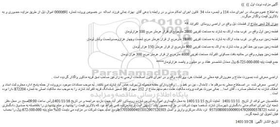 مزایده فروش میزان 24 شعیر مشاع از قطعات (زمین)