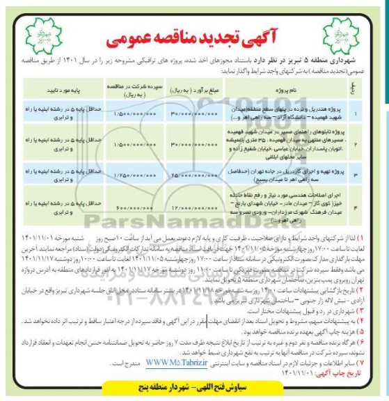 تجدید مناقصه پروژه هندریل و نرده در پلهای سطح منطقه ...