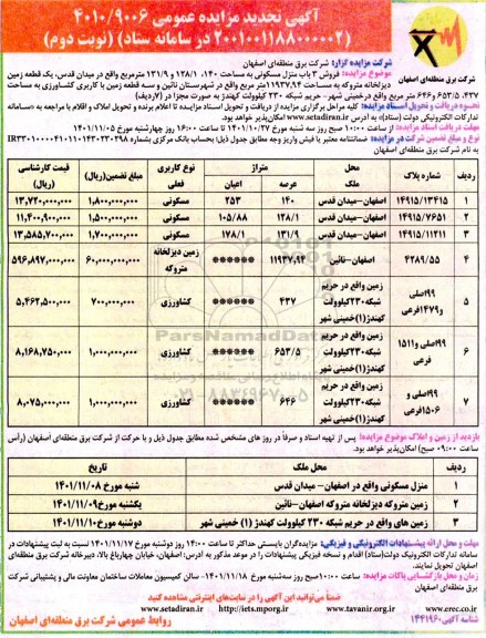 مزایده فروش 3 باب منزل مسکونی - نوبت دوم 
