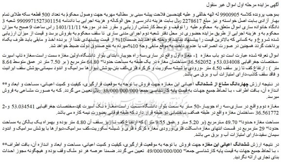 مزایده فروش دو باب مغازه