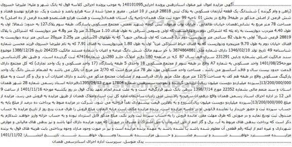 آگهی مزایده ششدانگ یک قطعه آپارتمان مسکونی به پلاک ثبتی 28818 فرعی از 10 اصلی
