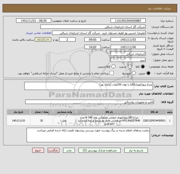 استعلام چراغ پروژکتوریLED با توان 100وات (مازی نور)