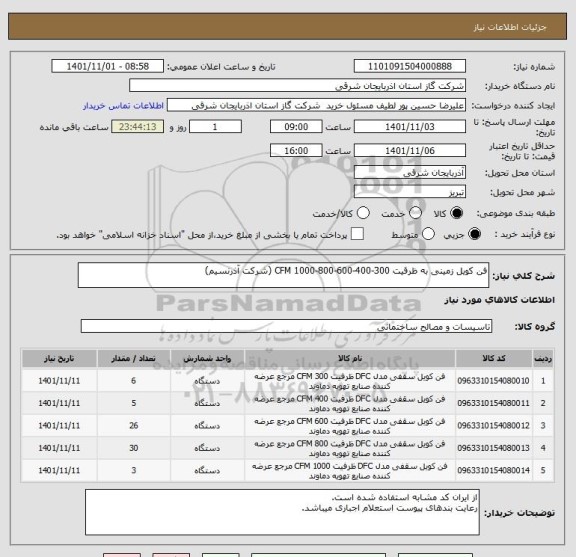 استعلام فن کویل زمینی به ظرقیت 300-400-600-800-1000 CFM (شرکت آذرنسیم)
