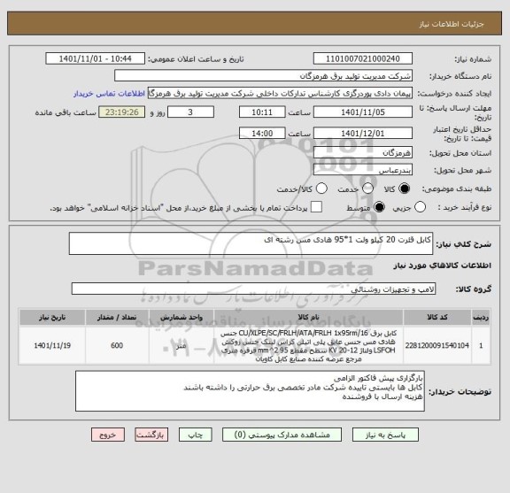 استعلام کابل قئرت 20 کیلو ولت 1*95 هادی مس رشته ای