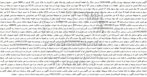 آگهی مزایده شش دانگ یک قطعه آپارتمان مسکونی نوع ملک طلق با کاربری به پلاک ثبتی 151 فرعی از 3680 اصلی