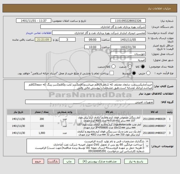 استعلام خریدآچاریکسرتخت درابعاد مختلف که شامل19قلم میباشدو1قلم2سر تخت و2قلم2سر رینگ که جمعا22قلم میباشد.ایرانکد مشابه است.طبق مشخصات پیوستی مالی وفنی