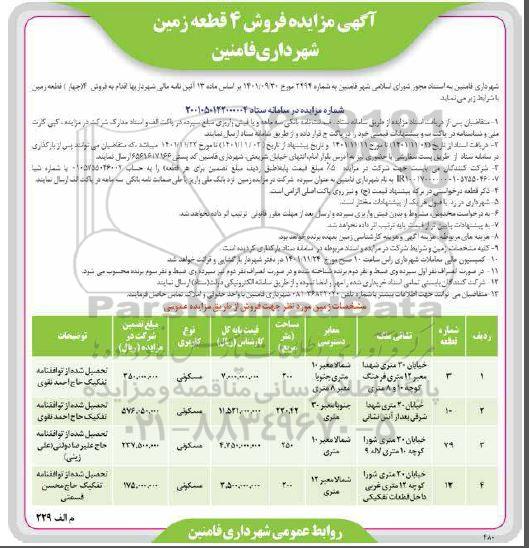 مزایده فروش چهار قطعه زمین با کاربری مسکونی
