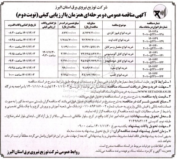 مناقصه خرید انواع فیوز کاردی و غیره ... نوبت دوم 