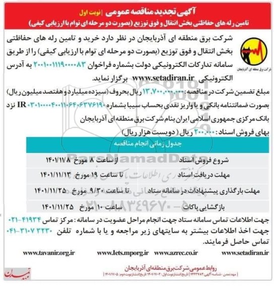 مناقصه خرید و تامین رله های حفاظتی  -تجدید 