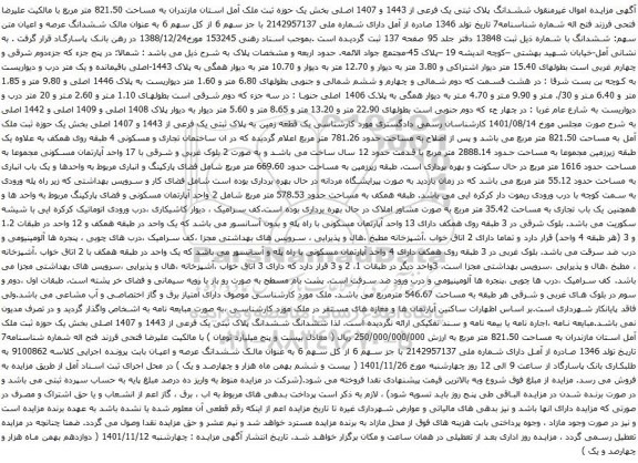 آگهی مزایده ششدانگ پلاک ثبتی یک فرعی از 1443 و 1407 اصلی بخش یک