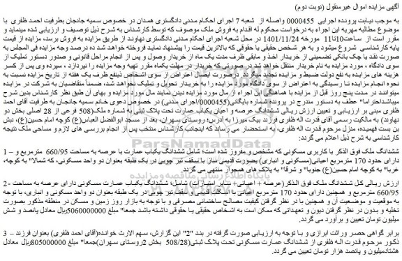 مزایده فروش ششدانگ ملک