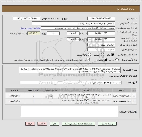 استعلام کدمشابه جدول بتنی35*50*15 تامبلغ 100م تومان وکانیو 30*35ارتفاع 20تامبلغ20م تومان اعلامی و پرداخت اسنادخزانهبه مبلغ139م  پیوست مطالعه شود