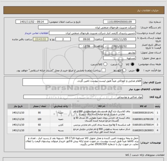 استعلام اقلام غذایی و خوراکی عیناً طبق لیست پیوست تامین گردد.