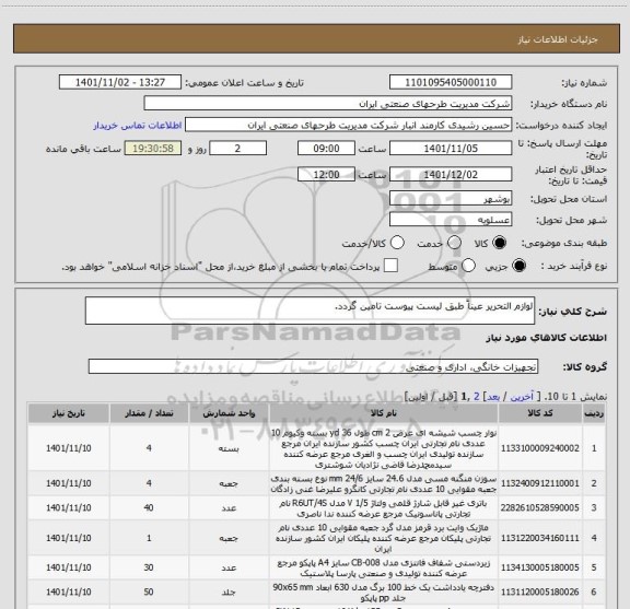 استعلام لوازم التحریر عیناً طبق لیست پیوست تامین گردد.