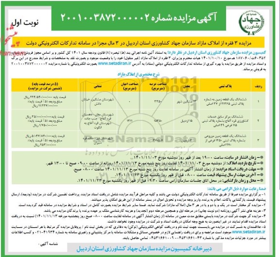 مزایده فروش سه قطعه زمین 