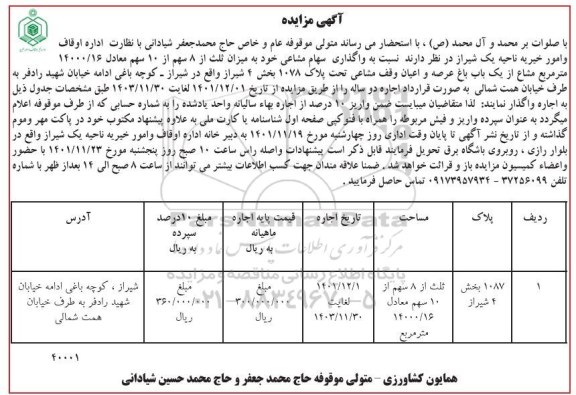 مزایده واگذاری سهام مشاعی