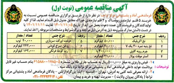 مناقصه خرید 5 قلم نیازمندی پوشاک و 2 قلم نیازمندی خوراک 