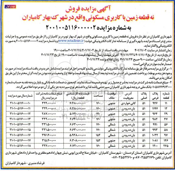 مزایده فروش نه قطعه زمین با کاربری مسکونی