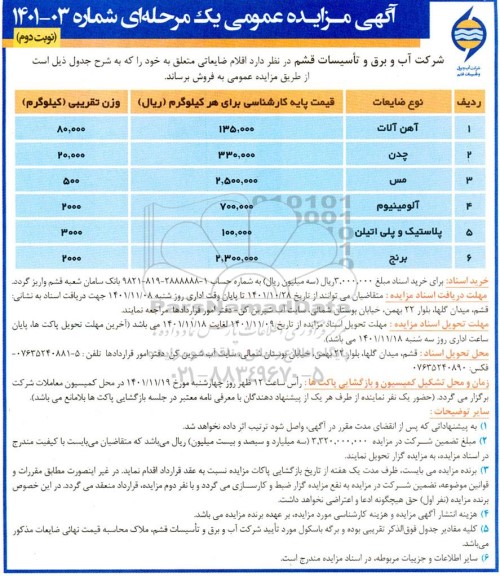 مزایده فروش اقلام ضایعاتی شامل آهن آلات، چدن، مس و...- نوبت دوم