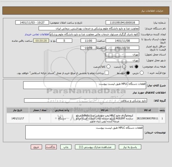 استعلام قطعات دستگاه HPLC طبق لیست پیوست