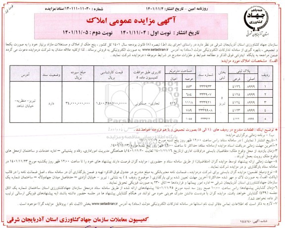 مزایده فروش 5 ملک از املاک و مستغلات مازاد برنیاز