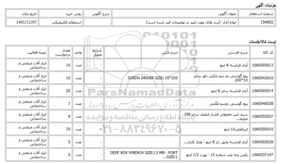استعلام الکترونیکی، انواع آچار -(برند های مورد تایید در توضیحات قید شده است)