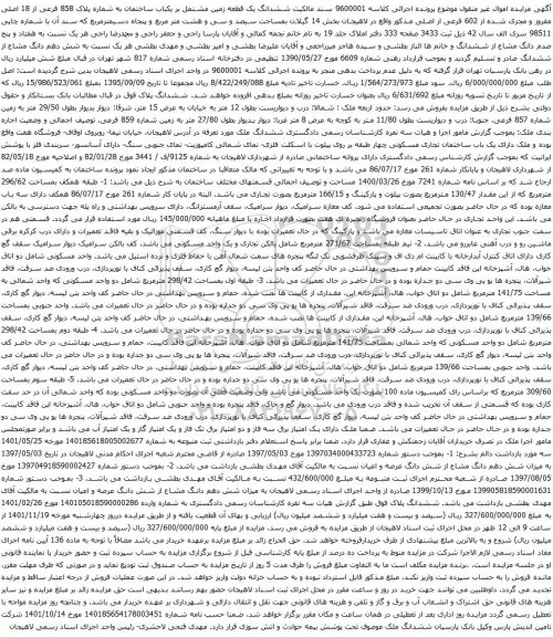 آگهی مزایده ششدانگ یک قطعه زمین مشتمل بر یکباب ساختمان به شماره پلاک 858 فرعی از 18 اصلی