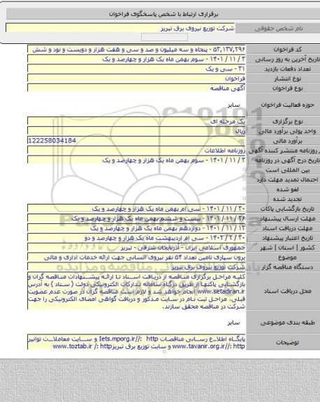 مناقصه, برون سپاری تامین تعداد ۵۴ نفر نیروی انسانی جهت  ارائه خدمات اداری و مالی