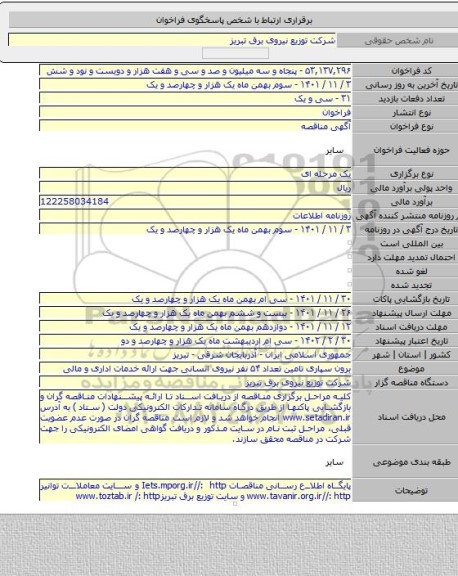 مناقصه, برون سپاری تامین تعداد ۵۴ نفر نیروی انسانی جهت  ارائه خدمات اداری و مالی