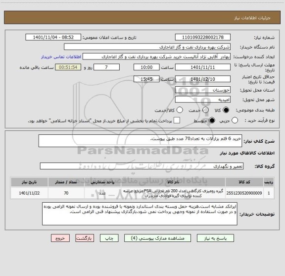 استعلام خرید 6 قلم بزارآلات به تعداد70 عدد طبق پیوست.