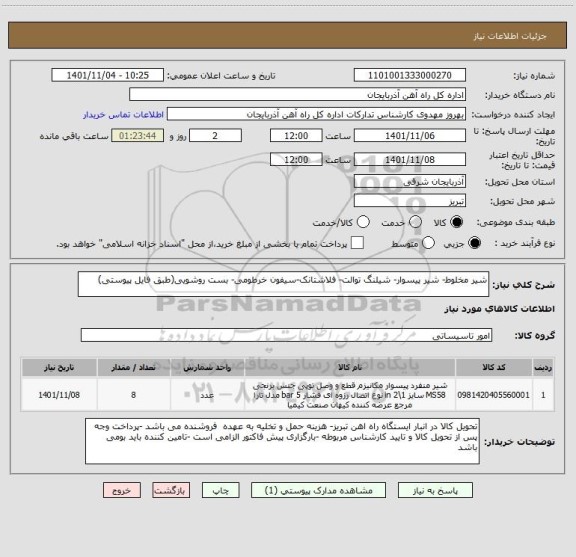 استعلام شیر مخلوط- شیر پیسوار- شیلنگ توالت- فلاشتانک-سیفون خرطومی- بست روشویی(طبق فایل پیوستی)