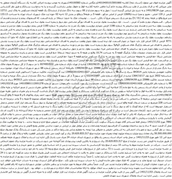 آگهی مزایده چهل و نه سهم مشاع از 60 سهم سه دانگ مشاع از ششدانگ یک قطعه آپارتمان مسکونی به پلاک ثبتی 12711 فرعی از 120 اصلی