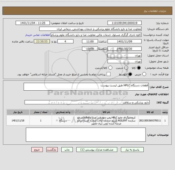 استعلام قطعات دستگاه HPLC طبق لیست پیوست