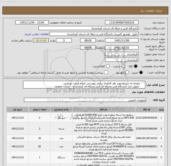 استعلام باتوجه به شرایط مورد نظر کارفرما درفرم  پیوستی اعلام قیمت بفرمایید.
 تحویل انبار دانشگاه فنی وحرفه ای فنی وحرفه ای کرمانشاه-  خیابان جعفری