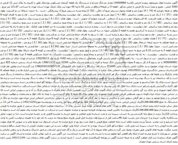 مزایده مقدار دو دانگ مشاع از ششدانگ یک قطعه آپارتمان مسکونی