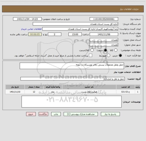 استعلام حمل ونقل محمولات پستی دفاتر تویسرکان و حومه