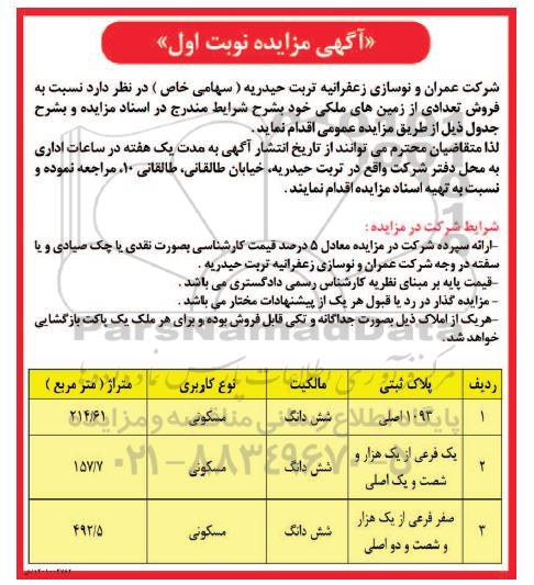 مزایده فروش تعدادی از زمین های ملکی مسکونی متراژ 214.61 و 157.7 مترمربع