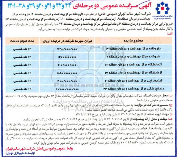 مزایده داروخانه و ازمایشگاه و فیزیوتراپی و دندانپزشکی مرکز بهداشت 