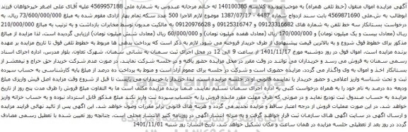 آگهی مزایده سه خط تلفن به شماره های 09123316682 و 09125316747 و 09120976628اهان