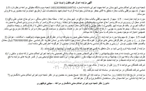 مزایده فروش  1/5  سهم از 6 سهم سرقفلی یکباب مغازه 