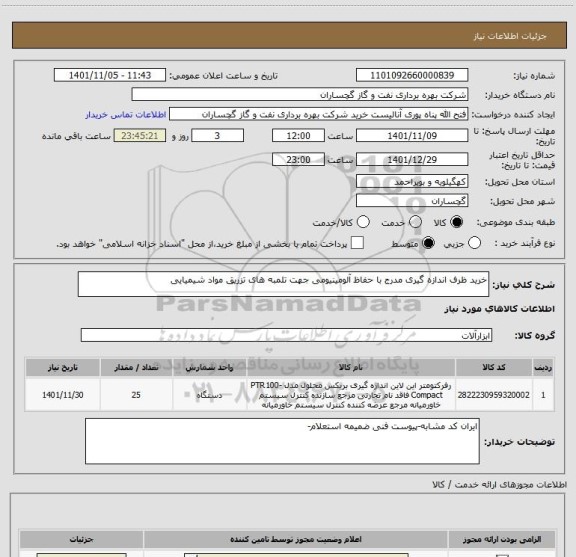استعلام خرید ظرف اندازه گیری مدرج با حفاظ آلومینیومی جهت تلمبه های تزریق مواد شیمیایی