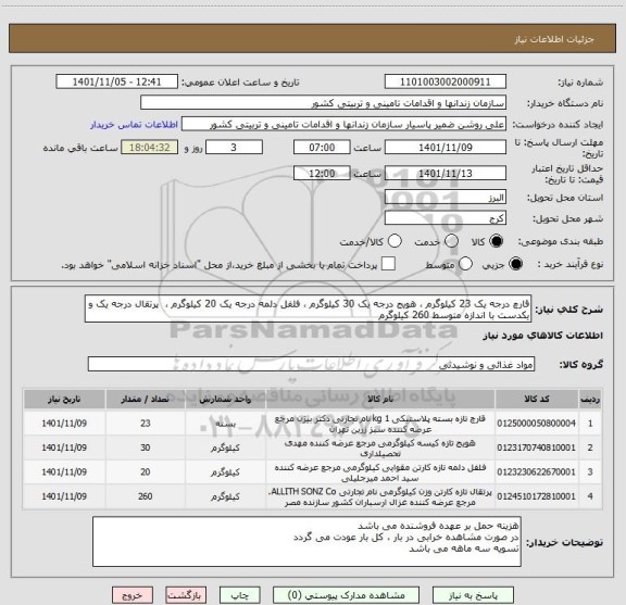 استعلام قارچ درجه یک 23 کیلوگرم ، هویج درجه یک 30 کیلوگرم ، فلفل دلمه درجه یک 20 کیلوگرم ،  پرتقال درجه یک و یکدست با اندازه متوسط 260 کیلوگرم