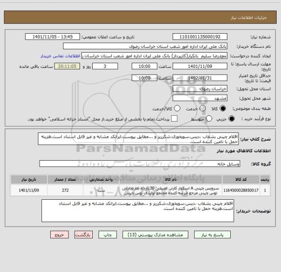 استعلام اقلام چینی بشقاب ،دیس،سوپخوری،شکرریز و ...مطابق پیوست.ایرانکد مشابه و غیر قابل استناد است.هزینه حمل با تامین کننده است.