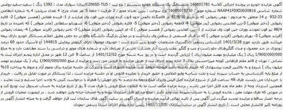 آگهی مزایده ششدانگ یک دستگاه خودرو سیستم : پژو تیپ : 206SD-TU5