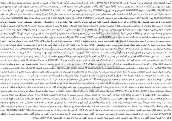 آگهی مزایده ششدانگ یک قطعه تجاری نوع ملک طلق با کاربری به مساحت بیست و نه مترمربع(29 متر)