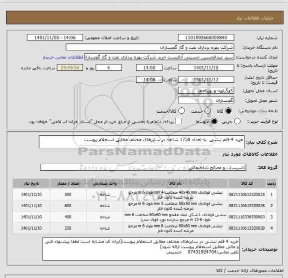 استعلام خرید 4 قلم نبشی  به تعداد 1750 شاخه در سایزهای مختلف مطابق استعلام پیوست