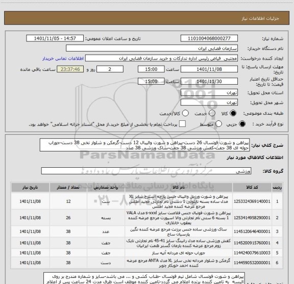 استعلام پیراهن و شورت فوتسال 26 دست-پیراهن و شورت والیبال 12 دست-گرمکن و شلوار نخی 38 دست-جوراب حوله ای 38 جفت-کفش ورزشی 38 جفت-ساک ورزشی 38 عدد