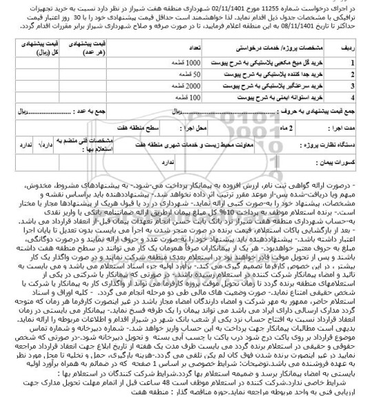 مناقصه خرید تجهیزات ترافیکی