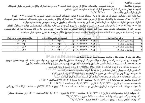 مزایده عمومی واگذاری منافع از طریق عقد اجاره ۴ باب واحد تجاری